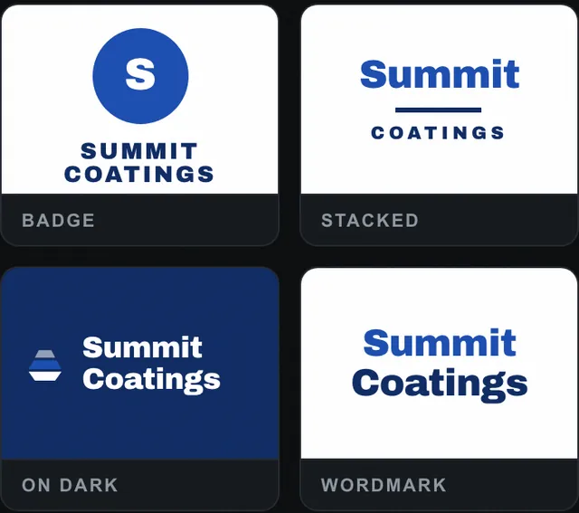 Four logos the quiz made for a business called Summit Coatings: badge, stacked, on dark and wordmark