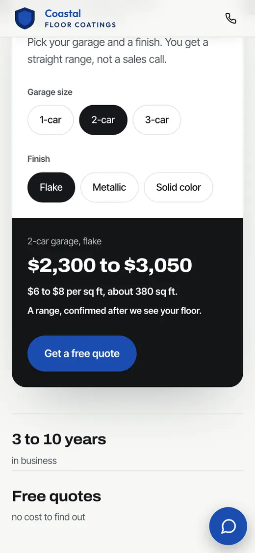 The same sample site showing a 2-car flake floor price range of $2,300 to $3,050